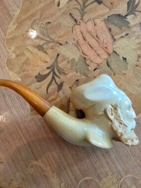 Vintage Figural Carved Pipe – Bearded Gentleman Head, Amber Stem, Collectible